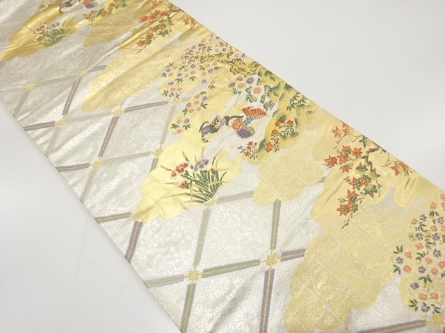 JAPANESE KIMONO / ANTIQUE FUKURO OBI / SILK / WOVEN MANDARIN DUCK & SAKURA